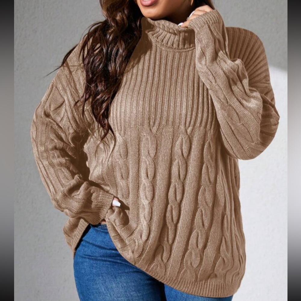 PLUS SIZE SOLID COLOR DROP SHOULDER LONG SLEEVE SWEATER WITH A TURTLENECK